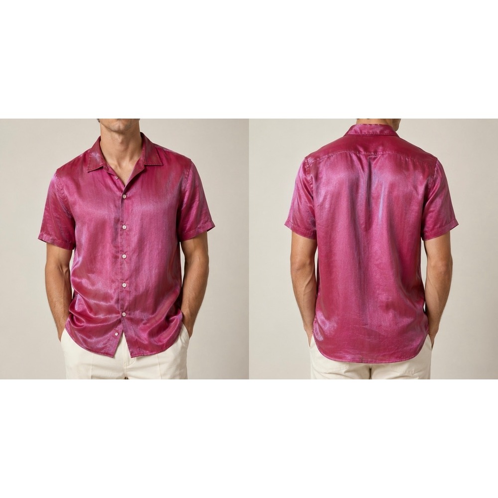 Cozyease Mens 70s Disco Iridescent Pink Shimmer Short Sleeve Button Down Shirt L